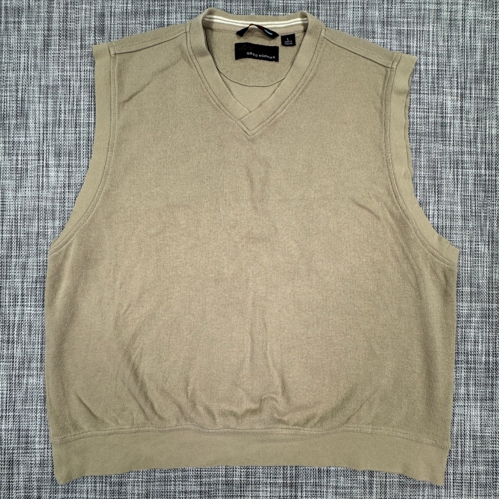 Greg Norman Men's Cotton V-Neck Sweater Vest Tan Large Golf Shark Logo Pullover